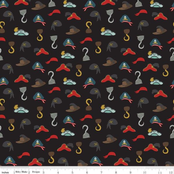 תמונה של בד דגם Pirate Tales Hats Black עם סגנון דוגמה מקטגורית חפצים שונים ובעל צבע Black